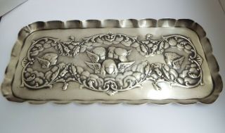 LARGE SIZE HEAVY ENGLISH ANTIQUE 1902 SOLID SILVER CHERUBS DESK PEN TRAY 2