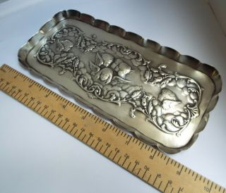 LARGE SIZE HEAVY ENGLISH ANTIQUE 1902 SOLID SILVER CHERUBS DESK PEN TRAY 3