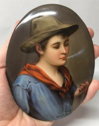 Rare Antique German Piccolo After Blaus Hand Painted Porcelain Plaque Gypsy Boy