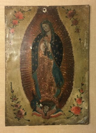 Our Lady Of Guadalupe Retablo Antique Folk Art Painting Tin Framed 12 " X 15 "