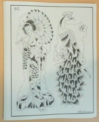 Vintage 1984 Spaulding & Rogers Tattoo Flash Sheet 95 Geisha Peacock