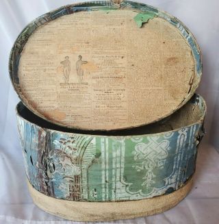 1825 Antique Wallpaper Covered Hatbox 13.  5 X 9.  75 X 7.  5 Early Oval Wooden Box