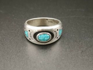 Vintage Silver Native American Navajo Turquoise & Coral Chip Inlay Small Ring
