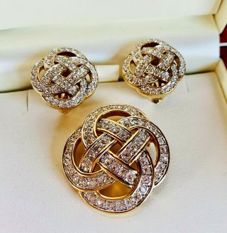 Vintage Jewellery 80s Sparkling Clear Crystal Gold Plated Brooch/earrings Set
