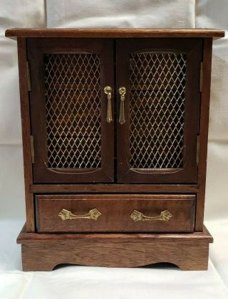Vtg 60s Wooden Music Jewelry Box Armoire Wire Doors 4 Drawers 10 "