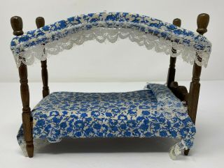 Vintage Dollhouse Miniature Hello Dolly Full Size Size Canopy Bed Bedding