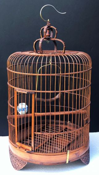 Large Bamboo And Carved Wood Antique Small Bird Cage Decor Porcelain Feeder