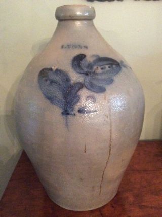 Antique Early Lyons Ny Salt Glaze Stoneware Jug Cobalt Blue 2 Gallon