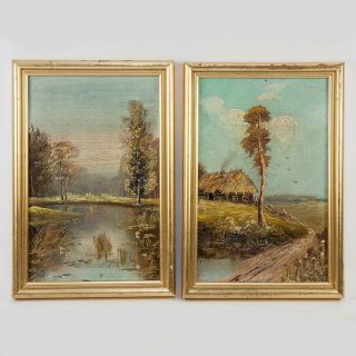Antique Miniature Landscape Oil Paintings,  Gilt Wood Frames,  Doll House