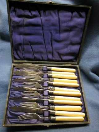 Sterling Fish Servers.  Knife & Fork Set For 6.  Hallmarked 1902.  With Case