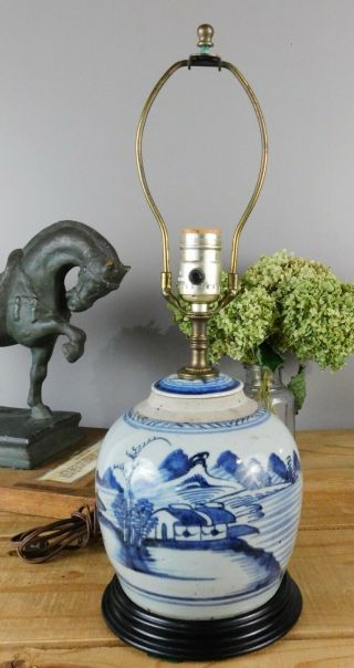 Antique Qing Chinese Blue And White Landscape Ginger Jar Lamp Conversion