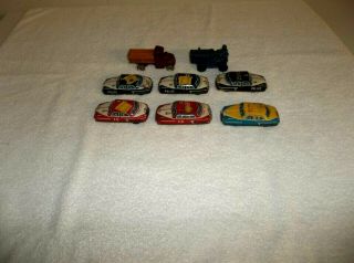 6 Vintage Tin Litho Toy Friction Cars - Nakamura Japan Arcade Tractor Grain Truck