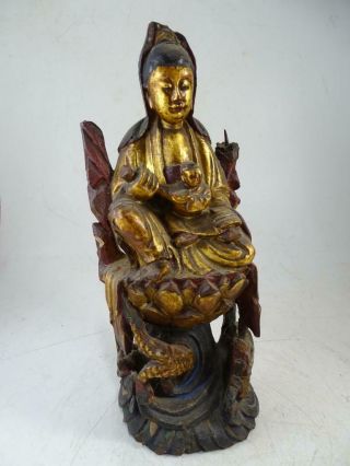 Antique 1800s Chinese Tibetan Wood Carved Statue Buddha Gold Gilt China Dragon