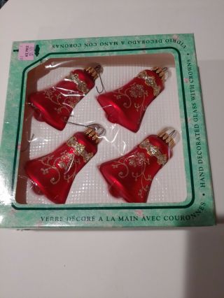 4 Vintage Krebs Red & Gold Glitter Bell Shaped Glass Christmas Ornaments