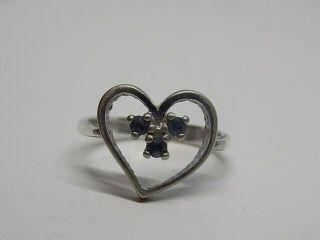 Vintage 925 Silver Heart Shaped Ring With Three Sapphire Stones.  Size N.  (ncb)