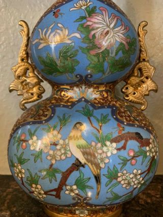 Old Chinese Cloisonne Vase Tall 12” Fine Squash Goard Bird Jar Art Gold Handles