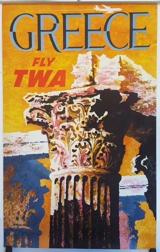 1959 Vintage Travel Poster Twa Airline Greece Temple Pillar David Klein