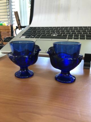 2 Vintage Cobalt Blue Luminarc Glass Footed Chicken Hen Egg Cup - France