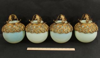 4 Antique French Opaline Hand Blown Glass Shades Gold Gilt Bronze,  Pendant Lamps