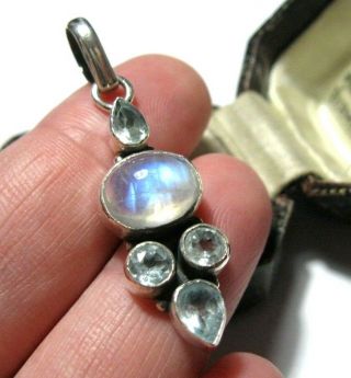 Vintage Style Sterling Silver Real Moonstone Blue Topaz Gem Necklace Pendant