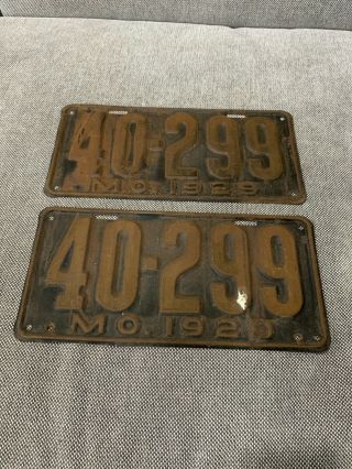 Vintage Antique 1929 Matched Pair Missouri License Plates Set 40 - 299