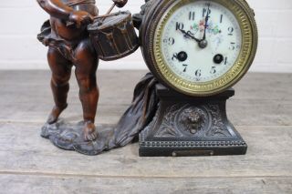 Antique L&F Moreau French Spelter ' Enfant Au Tambour ' Cherub Mantle Clock. 3