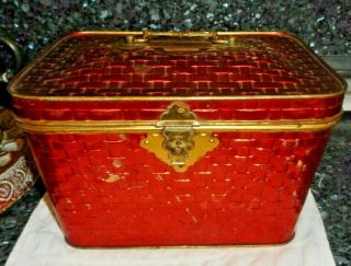 Large Vintage Hinged Tin Picnic Basket - Lunch Box - Red Basket Look
