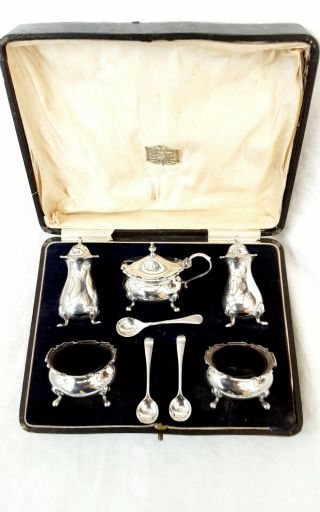 Cased Five Piece Silver Condiment Set - Aidie Bros. ,  Birmingham,  1925