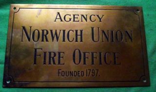 C1900 Brass Bronze Norwich Union Fire Office Sign Plaque 12 " X 7 " 1 Kilo