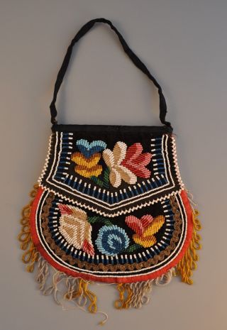 Antique Iroquois Indian Beaded Bag / Purse - Late 1800s - Niagara Floral