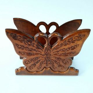 Vintage Wood Butterfly Napkin Mail Letter Holder Stand Carved