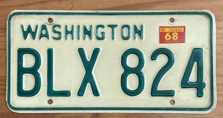Early Issue White Back 1968 Washington Passenger Vehicle License Plate Single