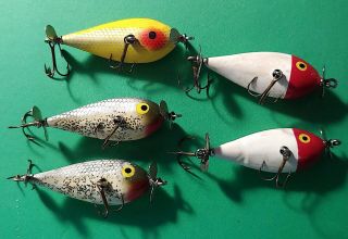 5 Vintage Weber Little Sam Fishing Lures - Yellow,  Silver Flash,  Red/white