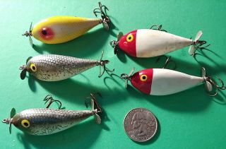 5 Vintage Weber Little Sam Fishing Lures - Yellow,  Silver Flash,  Red/White 2