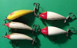 5 Vintage Weber Little Sam Fishing Lures - Yellow,  Silver Flash,  Red/White 3