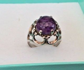 Hand Made Vintage Sterling Silver Ring With Natural Amethyst Cabouchon - Size K