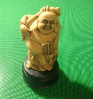 Happy Traveling Buddha Resin Figure 3 1/2 In Off White Color On Wood Vintage Xx