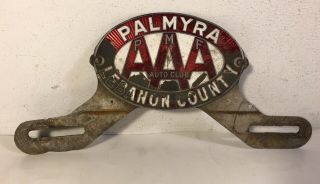 Vintage Porcelain Palmyra Lebanon Aaa Auto Club Tag Topper License Plate