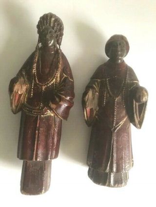 Antique Chinese Painted Gilt Carved Wood Figures In Robes.