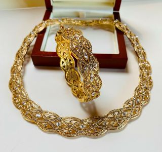 Vintage Jewellery 1980s Sparkling Clear Rhinestone Gold Plated Necklace/bangle