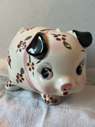 Vintage Ceramic Pig Piggy Bank Looking Sideways With Black Ears,  Relco Japan
