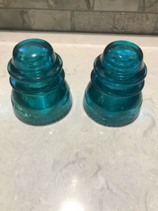 Vintage 2 Aqua Blue Glass Insulator Hemingray 42 Beaded Bottom