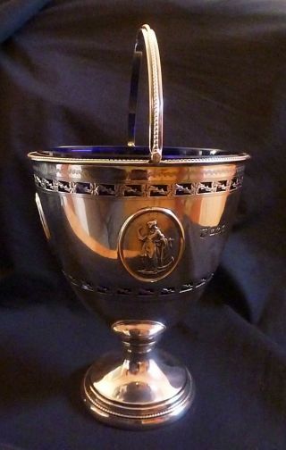 Edwardian English Sterling Silver Handled Pedestal Bowl With Blue Glass Liner