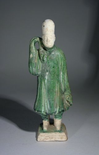 Antique Chinese Ming Dynasty Pottery Green Glazed Attendant Figurine