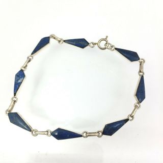 Lapis Lazuli & 950 Silver Link Bracelet Vintage Cabochon 7.  5 In 5.  5 Grams