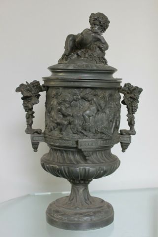 Rare 1800s Antique Solid Pewter Cherub Putti Seed Pot/ Urn 13.  25 " Tall A.  Moreau