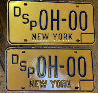 York State Division Of State Police License Plates Pair 0h 00 1973 - 1986 Old
