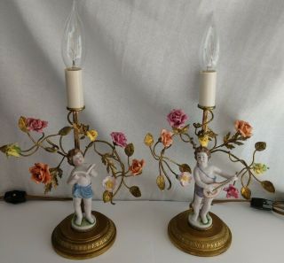 2 Antique Gilt French Boudoir Lamps Porcelain Flowers & Figures Matched Pair