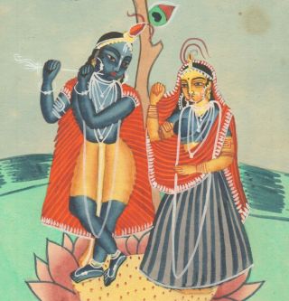 Antique Indian Miniature Painting - Krishna And Radha,  Kalighat,  1900 - Hindu