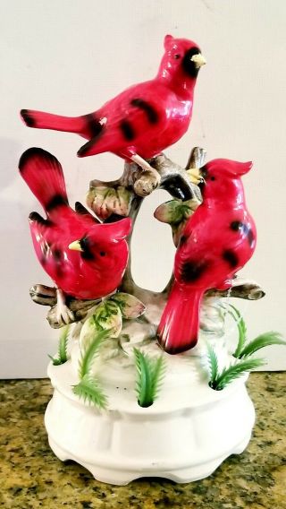 Vintage 3 Ceramic Red Cardinals Birds Figurines On A Branch Figurine Decor Japan